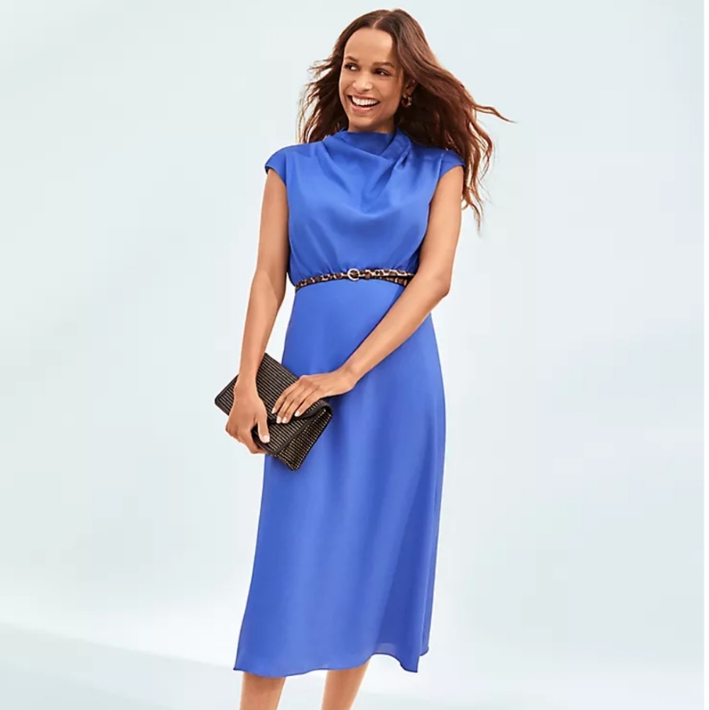 Ann Taylor Petite Bright Blue Mock Neck Midi Flare Dress Size 6P